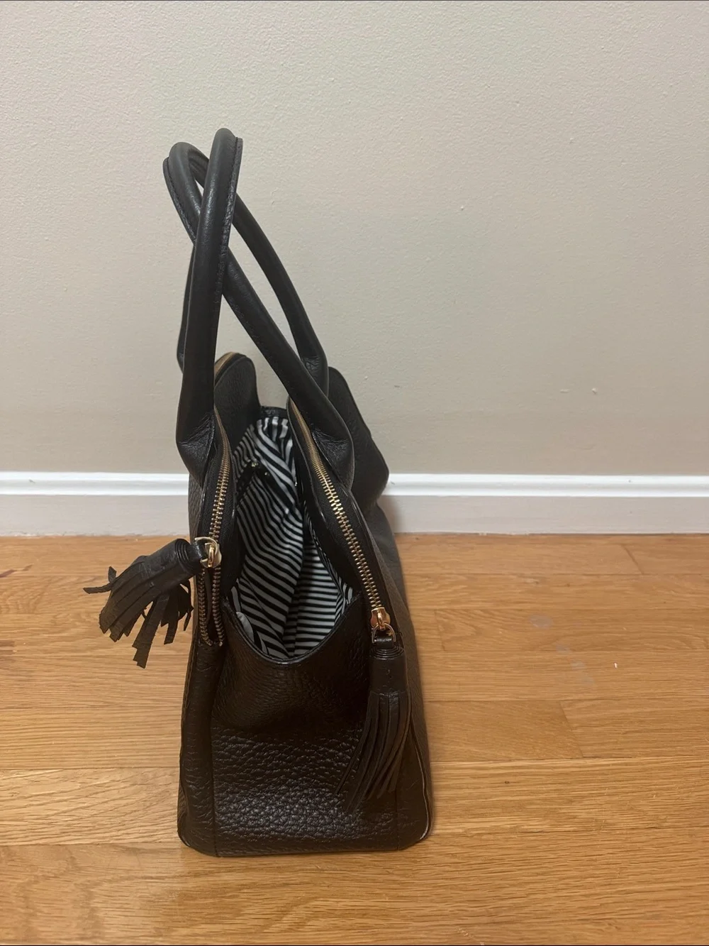 kate spade Black Pebbled Leather Satchel with Tassel